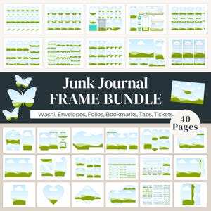 Può includere: Un pacchetto di cornici per diario digitale con 40 pagine. Il design include washi, buste, fogli, segnalibri, schede e biglietti. Le cornici presentano un design paesaggistico con colline verdi, cieli blu e nuvole bianche. Il titolo recita "Junk Journal FRAME BUNDLE."