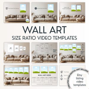 Puede incluir: Un collage de imágenes que muestran plantillas de arte mural, relaciones de tamaño y plantillas de video. Las imágenes incluyen ejemplos de arte enmarcados, tablas de tallas e instrucciones para vendedores de arte digital. El texto incluye "WALL ART" y "SIZE RATIO VIDEO TEMPLATES."