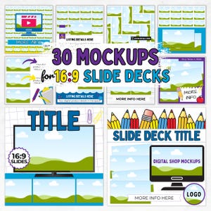 May include: A digital mockup set for 16:9 slide decks. The image features various templates with text like "30 Mockups" and "Slide Deck Title." The design includes illustrations of pencils, a computer monitor, and a TV screen.