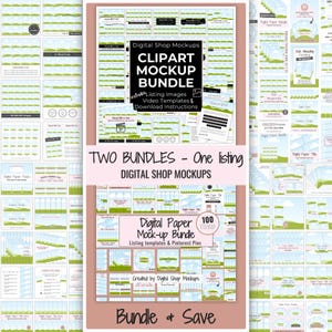 May include: A digital shop mockup bundle featuring numerous thumbnail previews of listing images, video templates, and download instructions. The collection includes a digital paper mock-up bundle with 100 pages, labeled with text including Clipart Mockup Bundle and Digital Paper Mock-up Bundle.