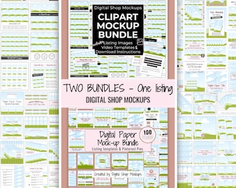 Mockupbundel digitaal product, Clipart Creator, Seamless Paper Pack, Etsy-vermeldingsafbeeldingen, Pinterest-pinsjablonen, Canva-animatievideo