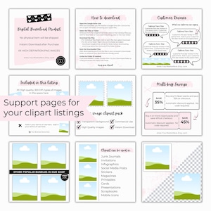 Support pages for your Etsy clipart listing images.  Show your clipart terms and conditions, how to download your clipart bundles.  Etsy now has 20 images available for each of your digital product listings.