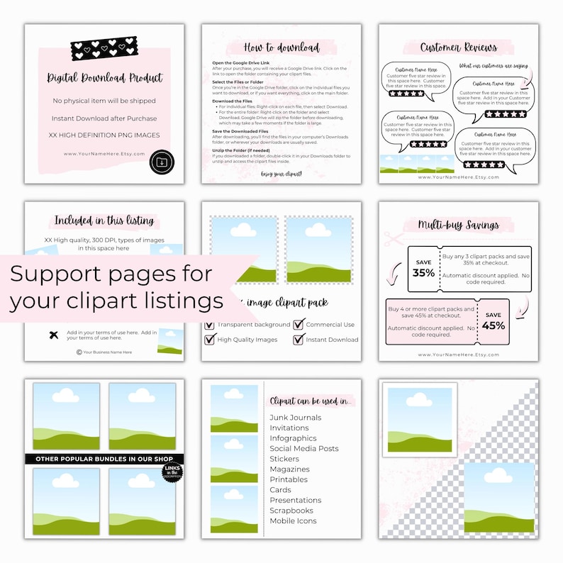 Support pages for your Etsy clipart listing images.  Show your clipart terms and conditions, how to download your clipart bundles.  Etsy now has 20 images available for each of your digital product listings.