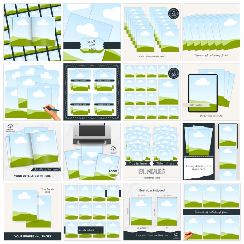 Etsy listing templates designed for printable coloring pages.  Drag and drop in your digital coloring page images into the pre sized frames.  Customize the digital product mockup templates in Canva.