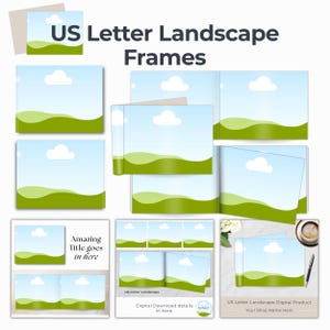US Letter landscape frames. US letter landscape open page book mockup.  3 mockup scenes with US Letter landscape book pages.  Drag and drop digital product design.  Edit and customize in Canva.