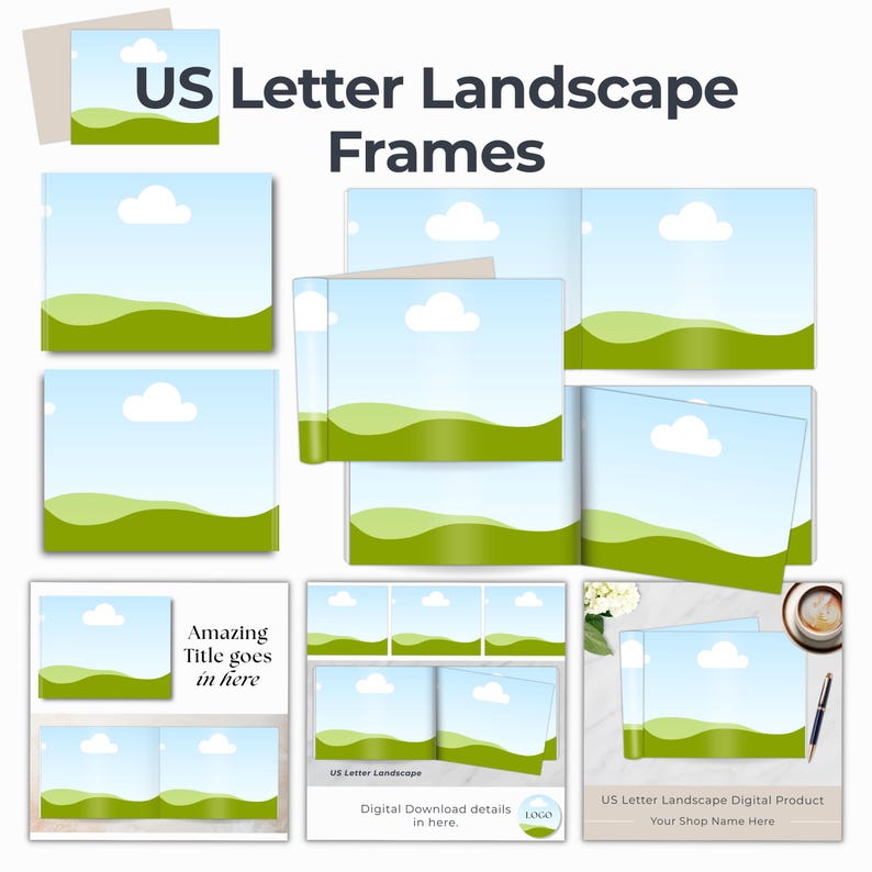 US Letter landscape frames. US letter landscape open page book mockup.  3 mockup scenes with US Letter landscape book pages.  Drag and drop digital product design.  Edit and customize in Canva.