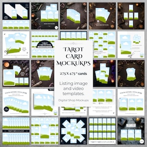 Pode incluir: Uma coleção de mockups de cartas de tarô, com vários layouts e designs. O texto na imagem diz: "TAROT CARD MOCKUPS 2.75 X 4.75" cards, Listing image and video templates, Digital Shop Mockups."