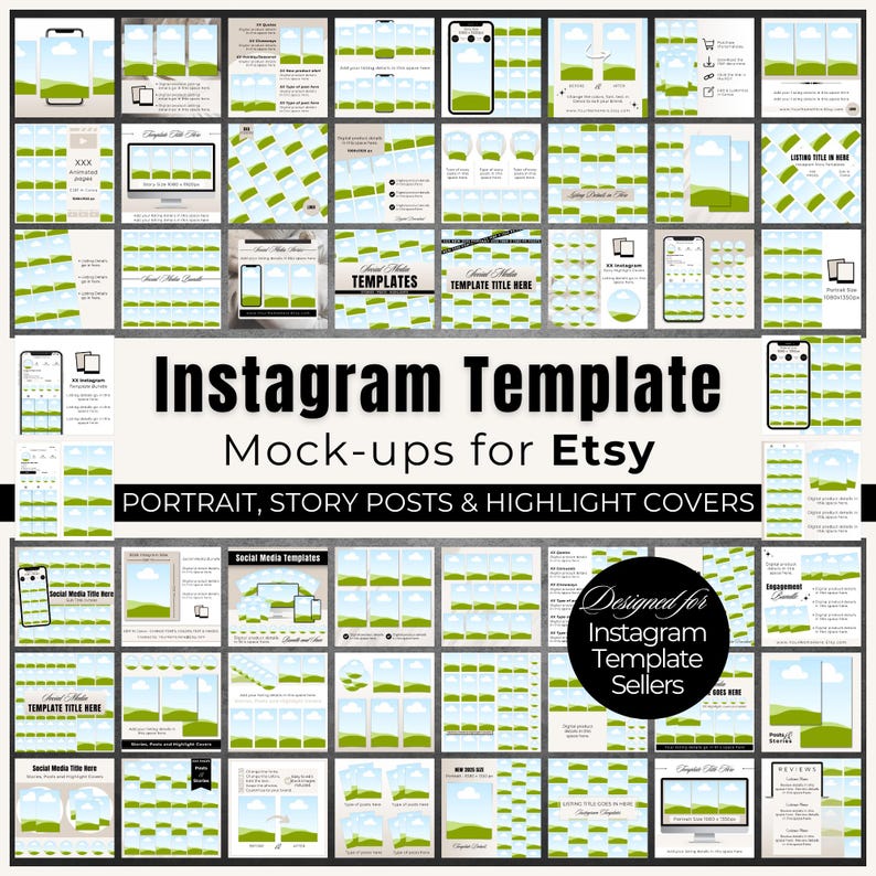 Mockup templates created for digital product sellers selling Instagram templates.  The Instagram Template mockup bundle for Etsy listing images has been updated to include more mockups for the recommended portrait size on Instagram.  The drag and drop mockups can be edited in Canva, drag and drop in your Instagram template images, customize and change the colors and fonts to suit your brand.