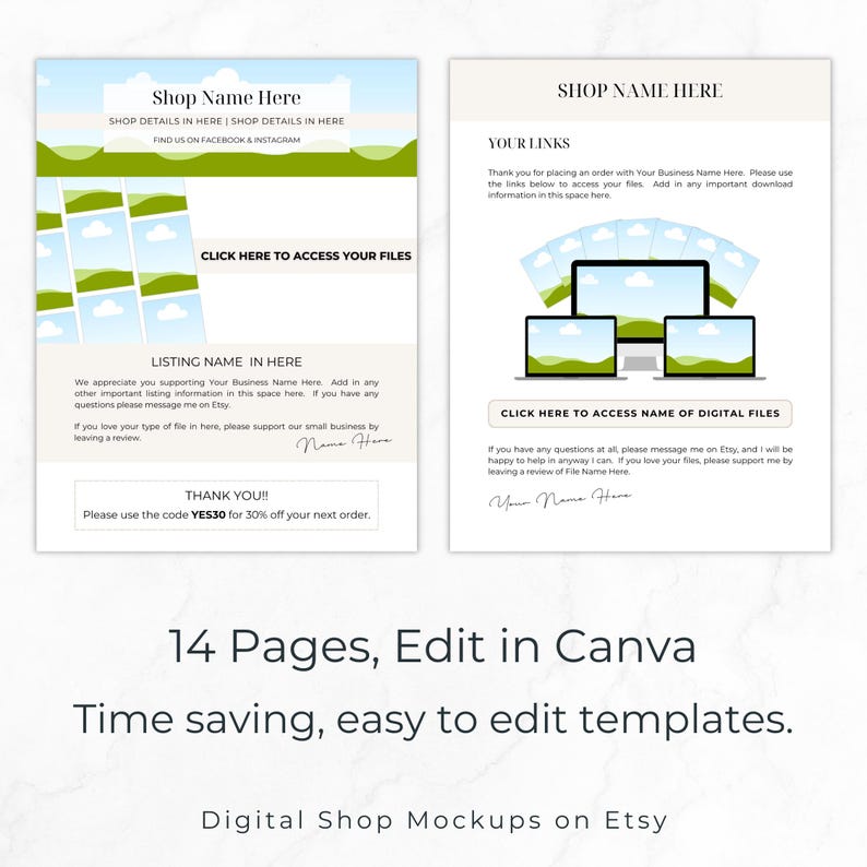 Pode incluir: Duas p&aacute;ginas de modelos digitais para lojas Etsy com fundos brancos, gr&aacute;ficos de paisagens verdes e campos de texto para detalhes da loja, links e acesso a arquivos. Os layouts incluem espa&ccedil;os reservados para nomes de empresas, links e c&oacute;digos de desconto.