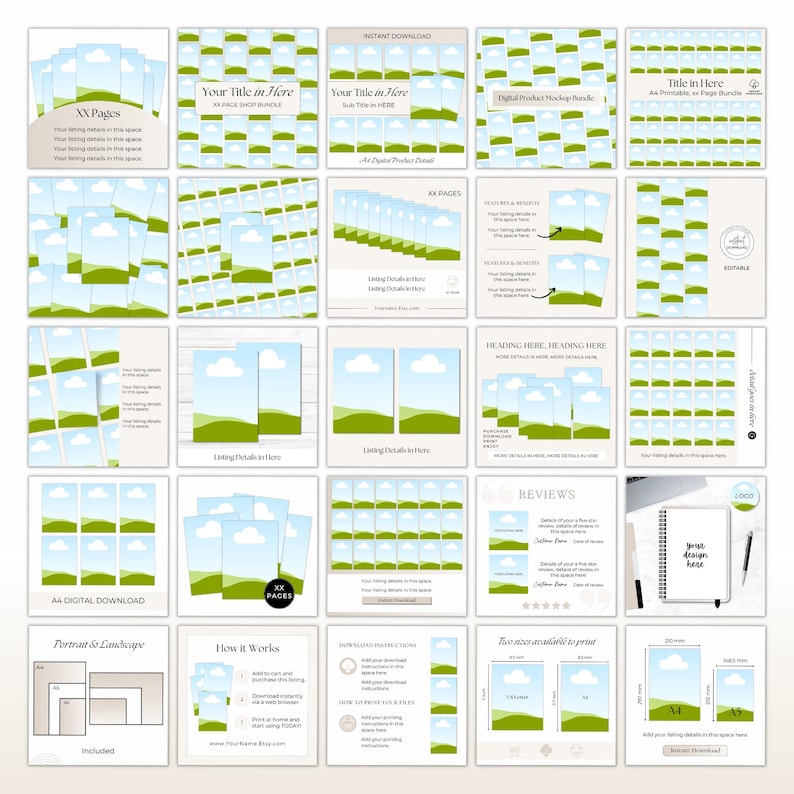 Showing 25 of the 90 Etsy Mockup template pages for A4 digital product mockups.  Neutral designs that can be edited and customized in Canva to suit your digital product branding.  The A4 digital product mockup bundle has mockups for A4 landscape digital products and mockups for A4 portrait view digital products.
