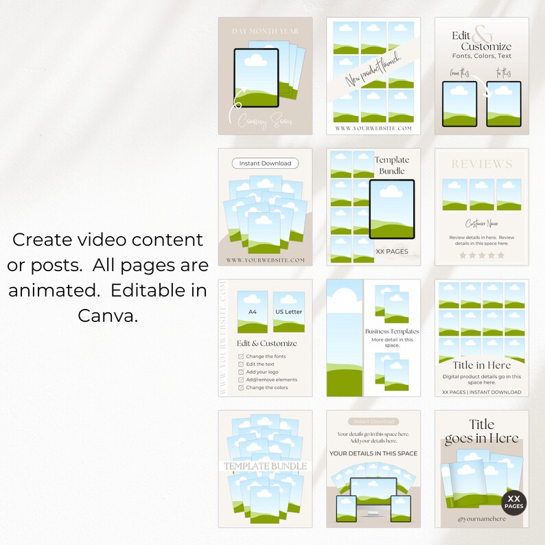 Create video content or post.  All pages are animated and are editable in Canva.  The pages shown in this image are for Instagram portrait size.