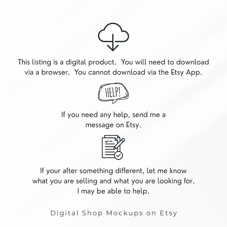 Op de afbeelding: Een informatieve afbeelding voor een digitaal product met zwarte lijniconen van een cloud-download, een tekstballon met de tekst HELP!, en een document met een potlood. De tekst legt downloadvereisten en ondersteuningscontact uit.