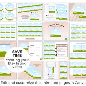 Save time creating your Etsy listing video when selling landscape page digital products.  Image includes 16 of the 20 digital product mockup video templates.  Edit and customize the templates in Canva.