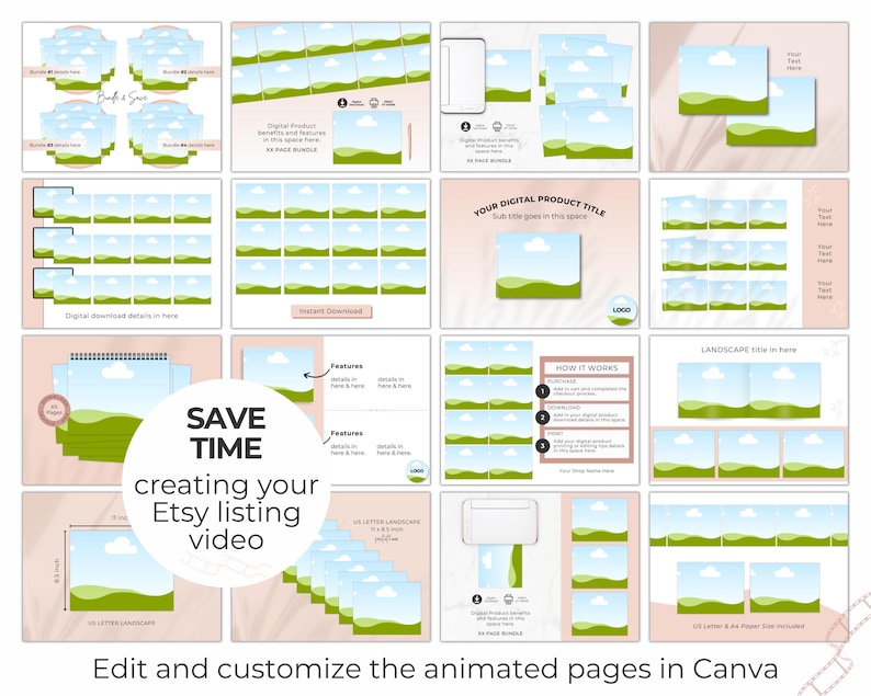 Save time creating your Etsy listing video when selling landscape page digital products.  Image includes 16 of the 20 digital product mockup video templates.  Edit and customize the templates in Canva.