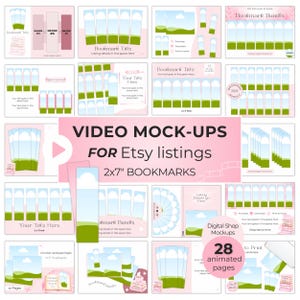 Pode incluir: Uma coleção de modelos digitais de marcadores de página com um design de paisagem com céu azul, nuvens brancas e colinas verdes. Os gráficos incluem etiquetas de texto como Bookmark Bundle, 2x7 inch e Video Mock-ups para listagens Etsy.