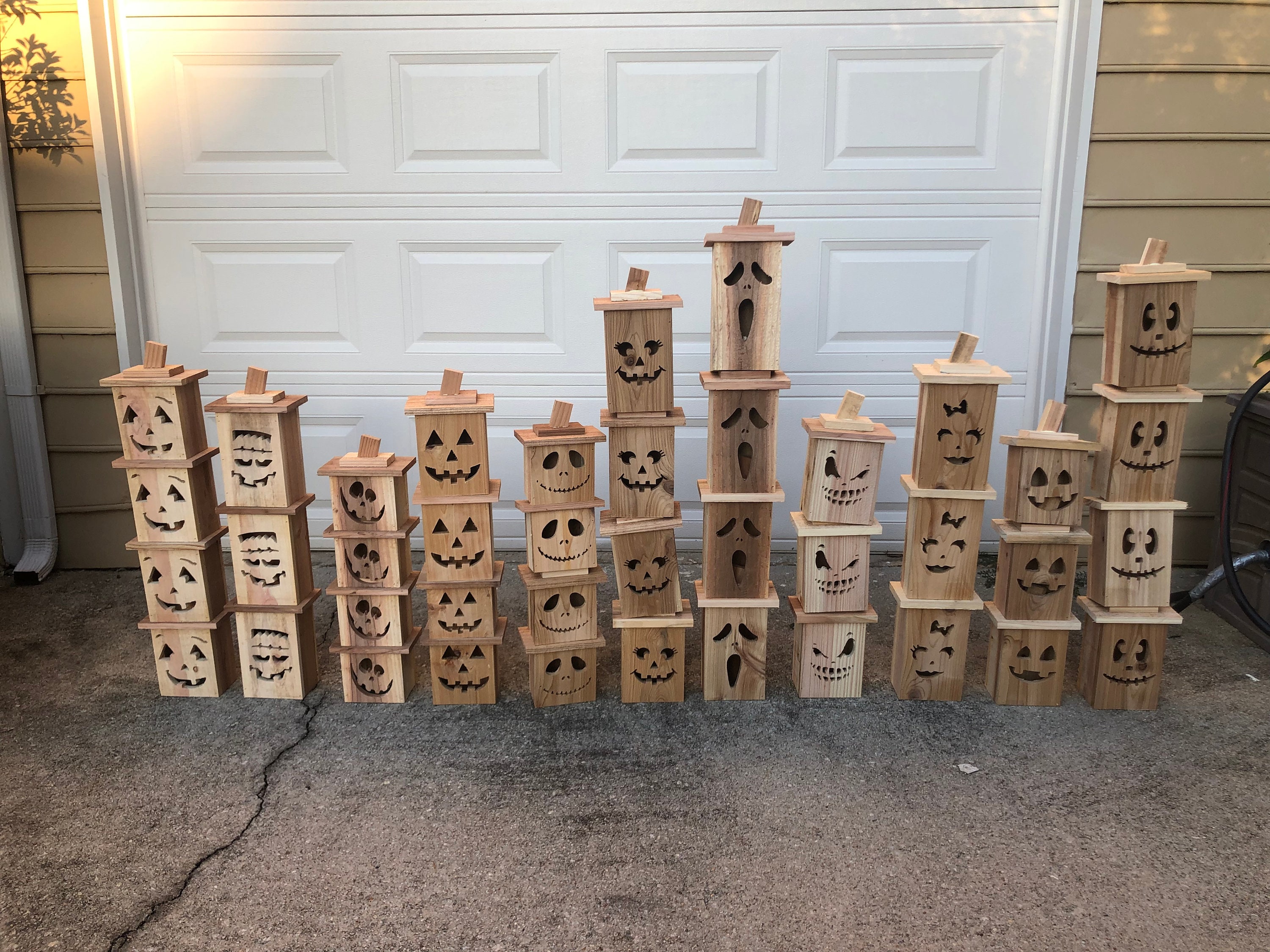 Cedar Jack O’ Lanterns - pumpkin decor - Halloween - Spooky Wooden Lantern LED tea light