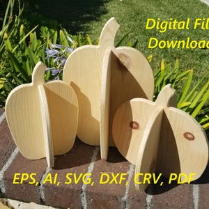 May include: Three unfinished wooden pumpkin cutouts of varying sizes. The pumpkins are light-colored and have a natural wood grain. The text "Digital File Download" and file type abbreviations are also visible.