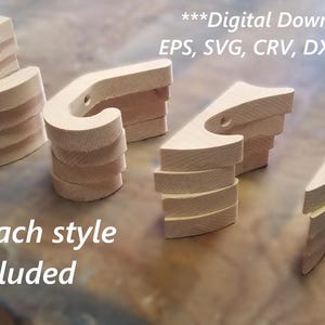 Puede incluir: Cuatro conjuntos de elementos decorativos de madera en varios estilos. Cada conjunto incluye múltiples piezas, con un total de cuatro de cada estilo. La imagen también incluye texto que dice "Descarga digital" y tipos de archivo.