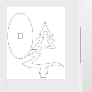 May include: A black and white digital line drawing featuring a large vertical oval shape with a small rectangular cutout in the center, positioned next to a stylized evergreen tree outline with jagged branches and a wide, flat base.
