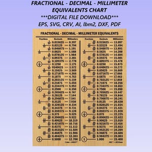 May include: A light wood-toned rectangular chart displaying a fractional, decimal, and millimeter equivalents table. The text reads FRACTIONAL - DECIMAL - MILLIMETER EQUIVALENTS CHART, DIGITAL FILE DOWNLOAD, EPS, SVG, CRV, AI, lbm2, DXF, PDF.