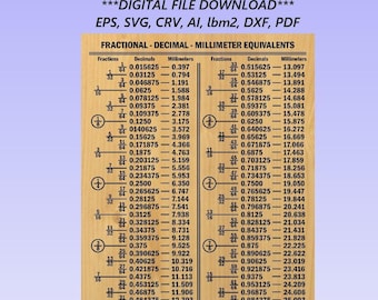 May include: A light wood-toned rectangular chart displaying a fractional, decimal, and millimeter equivalents table. The text reads FRACTIONAL - DECIMAL - MILLIMETER EQUIVALENTS CHART, DIGITAL FILE DOWNLOAD, EPS, SVG, CRV, AI, lbm2, DXF, PDF.