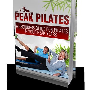 May include: A book cover with a red title "PEAK PILATES" and the subtitle "A BEGINNERS GUIDE FOR PILATES IN YOUR PEAK YEARS". The cover features a photo of two people doing pilates on a blue mat.