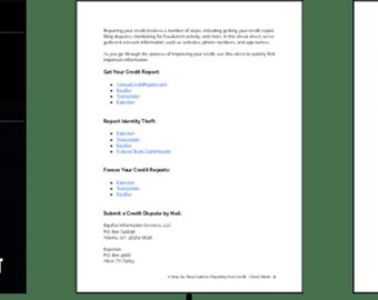 May include: A step-by-step guide to repairing your credit cheat sheet with a credit card image. The guide includes information on how to get your credit report, report identity theft, freeze your credit reports, and submit a credit dispute by mail, phone, or online.