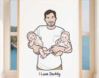 Portrait personnalisé de papa et d'enfants, illustration dessinée à la main sans IA, cadeau de fête des pères, style dessin animé minimaliste mignon