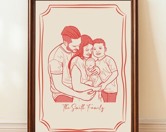 Retro Family Portrait – Custom Hand Drawn Illustration, Unique Anniversary Gift, Anniversary Gift, Personalized Gift , Family Portrait