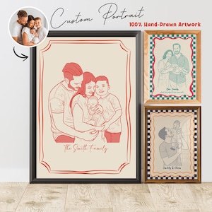 Personalized Family Retro Portrait – Custom Hand Drawn Line Art - Etsy