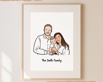 Portrait de famille personnalisé dessiné à la main, style minimaliste mignon, illustration de dessin animé sans IA, cadeau personnalisé pour les parents, art numérique de Noël