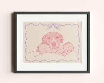 Aangepast babyportret met ouders – Retro lijntekeningen familieillustratie, verjaardagscadeau, gepersonaliseerd cadeau, familieportret