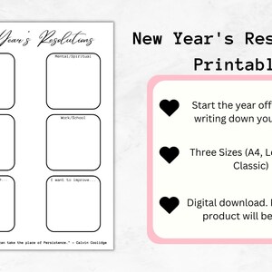 New Year&#39;s Resolution Sheet Printable, Digital Download, Self Improvement, Goals, Goal tracker, New Years Eve, NYE, Planner page, journal,