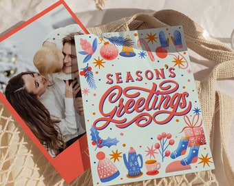 Season's Greetings Holiday Card Template | Christmas Family Card | Family Photo Card | Customizable Canva Template | Digital Template
