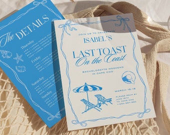 Last Toast on the Coast Bachelorette Itinerary Card | Bride-to-be, Girl's Weekend, Hen's Party | Customizable Digital Template