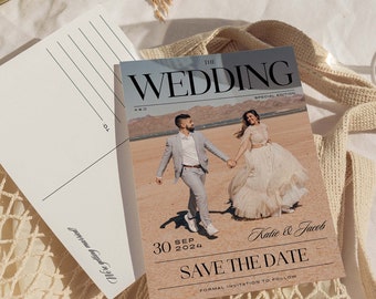 Vogue Magazine Save the Date Template | Postcard Photo Save the Date | Trendy Wedding Card | Customizable Canva Template | Digital Template