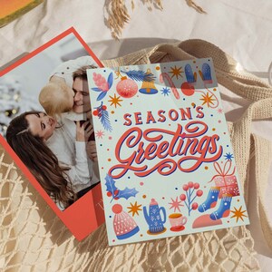 Season&#39;s Greetings Holiday Card Template | Christmas Family Card | Family Photo Card | Customizable Canva Template | Digital Template