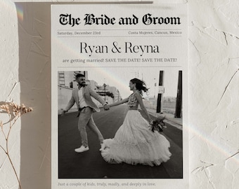 Newspaper Save the Date Template | Postcard Photo Save the Date | Trendy Wedding Card | Customizable Canva Template | Digital Template