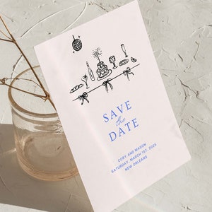 Illustrated Save the Date Template | Trendy Bows, Cake, Champagne, & Disco | Photo Save the Date | Customizable Printable Canva Template