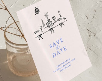 Illustrated Save the Date Template | Trendy Bows, Cake, Champagne, & Disco | Photo Save the Date | Customizable Printable Canva Template