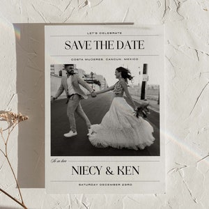 Newspaper Save the Date Template | Postcard Photo Save the Date | Trendy Wedding Card | Customizable Canva Template | Digital Template