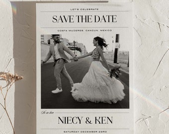 Newspaper Save the Date Template | Postcard Photo Save the Date | Trendy Wedding Card | Customizable Canva Template | Digital Template