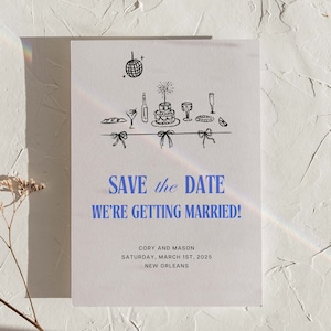 Illustrated Save the Date Template | Trendy Bows, Cake, Champagne, & Disco | Photo Save the Date | Customizable Printable Canva Template