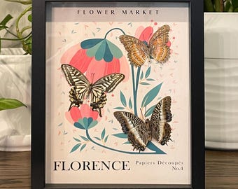 Real Butterfly Art: Florence 'Flower Market' Print in Black Shadow Box