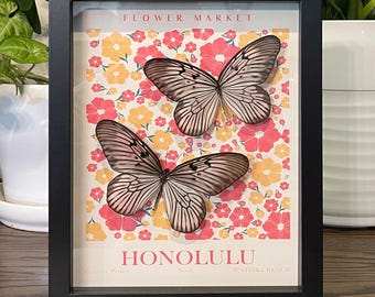 Real Rice Paper Butterfly Art: Honolulu Flower Market Shadow Box