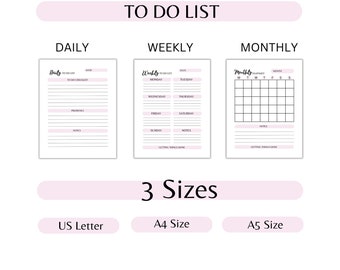 Printable To Do List Bundle, Daily To Do List, Weekly List, Monthly Planner, Self-Care Planner, Daily Planner, Undated Planner, Planner
