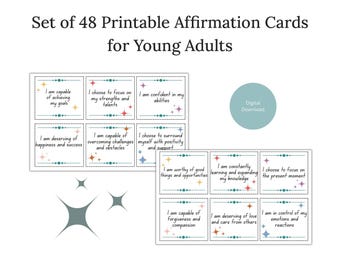 Puede incluir: Un conjunto de 48 tarjetas de afirmación imprimibles para adultos jóvenes con textos como I am capable of achieving my goals, I am confident in my abilities e I am worthy of good things and opportunities, decoradas con iconos de estrellas.