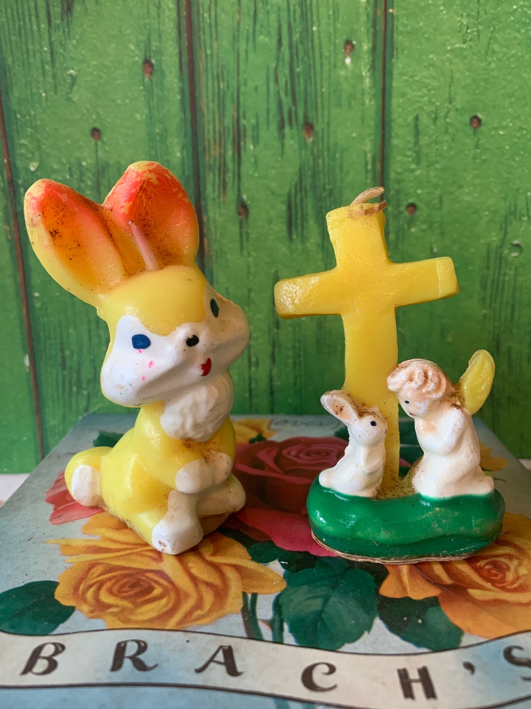 Vintage Gurley Easter Unlit Candles Yellow Bunny Angel & Cross Dime
