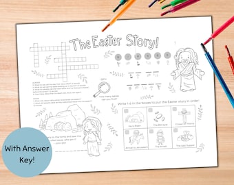 Easter Story Activity Placemat Printable, Brunch Placemat Coloring, Spring Easter Table Decor, Religious Bible Story For Kids