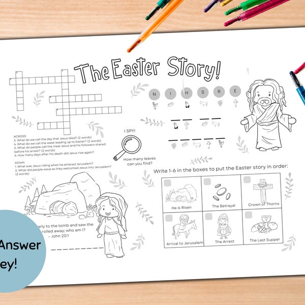 Easter Story Activity Placemat Printable, Brunch Placemat Coloring, Spring Easter Table Decor, Religious Bible Story For Kids